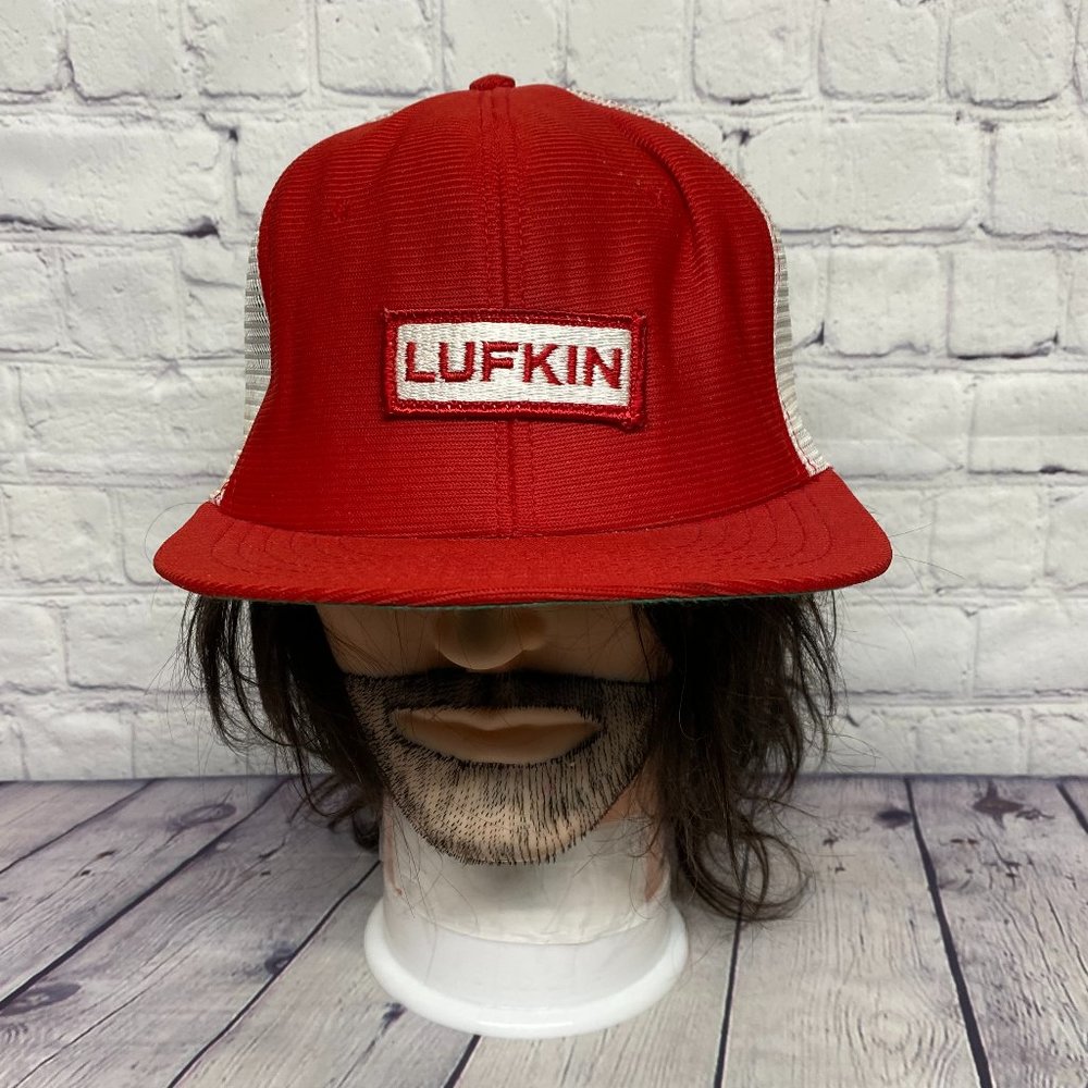 Vintage Hat Cap Snapback White Red Trucker Mesh Lufkin Embroidered Patch - STAIN